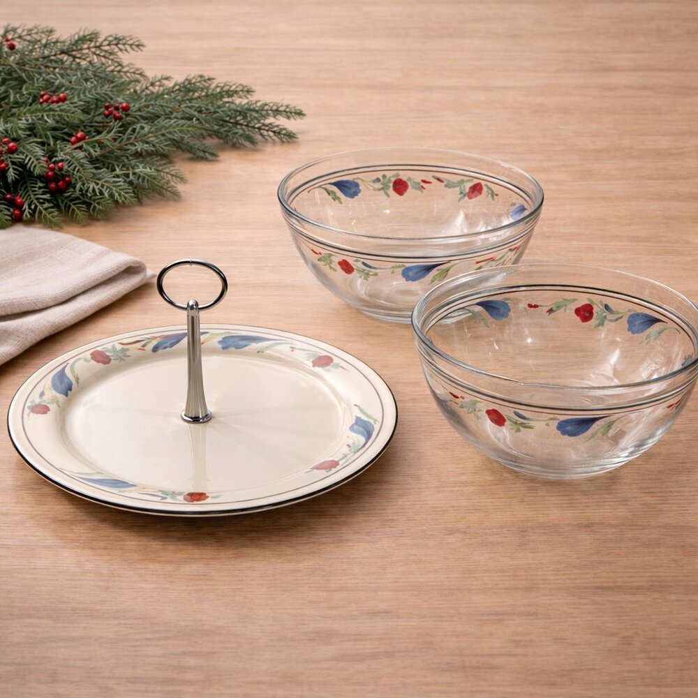 Lenox "Poppies on Blue” 9” Glass Serving Bowl Set &  Serving Tray 3 pc set